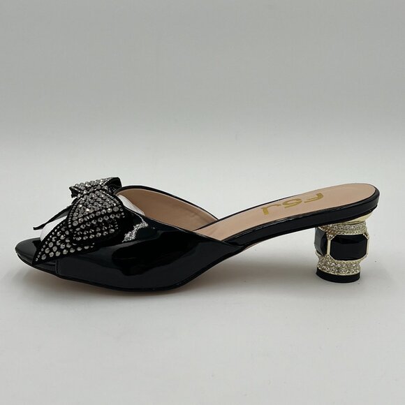 FSJ Black Luxury Crystal Chunky Heel Mules Rhinestone Bow Peep Toe Dress Shoes - Picture 2 of 7